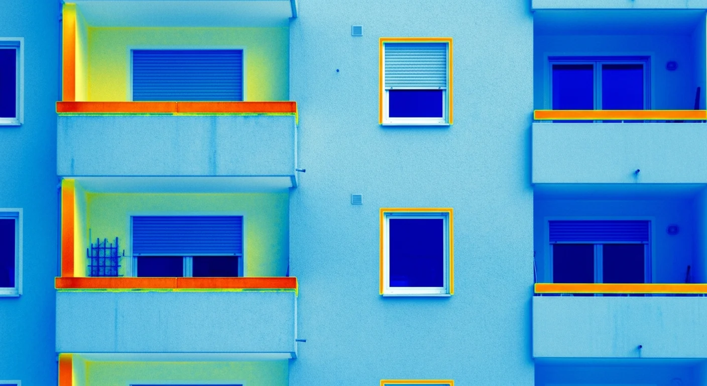 Wärmebild einer Gebäudefassade: Wärmebrücken zeichnen sich als warme Streifen an Balkonplatten, Geschossdecken und Fensterlaibungen im Mauerwerk ab, während die Verglasung kalt bleibt
