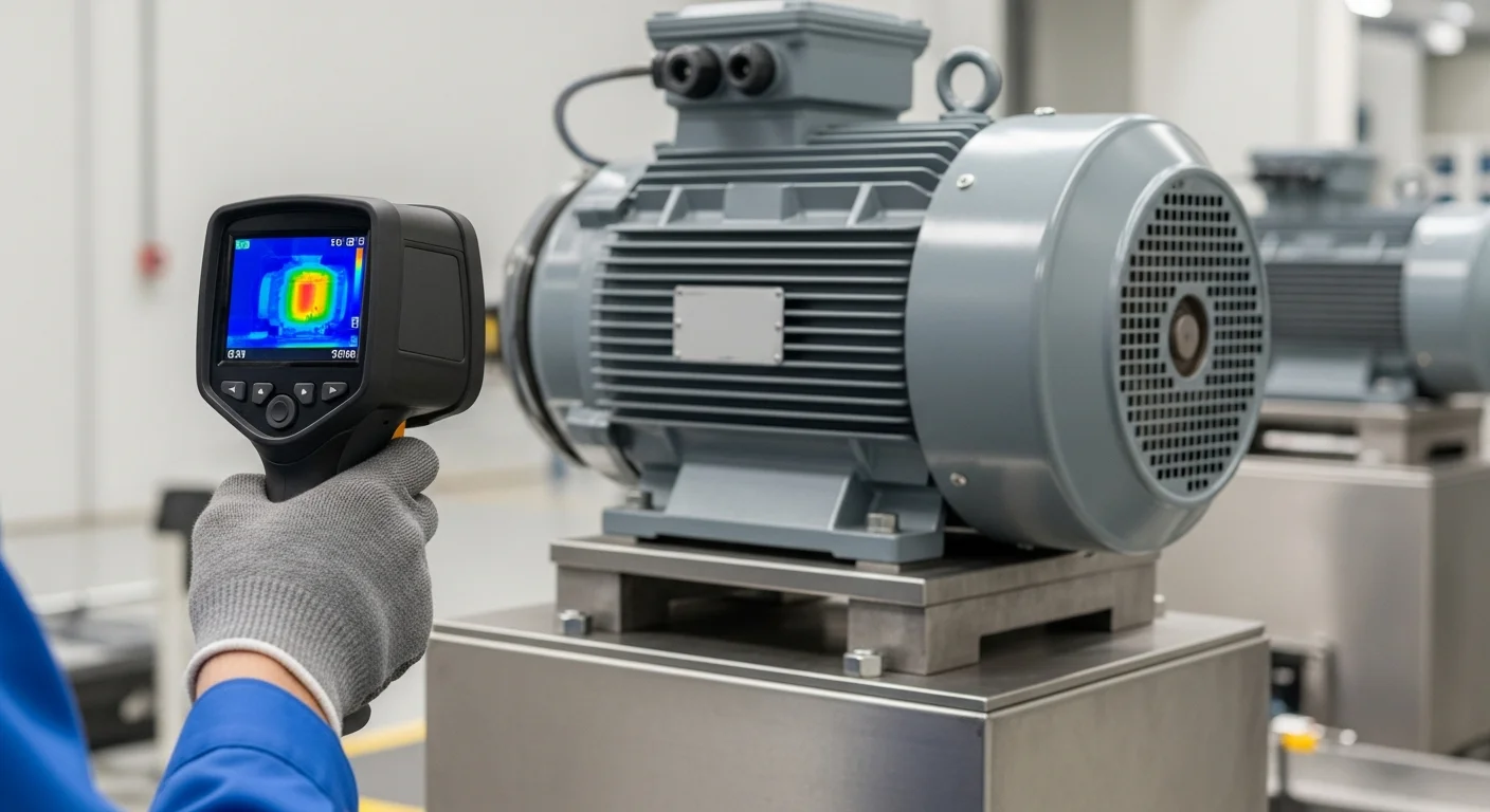 Industriethermografie an einem Elektromotor mit Wärmebildkamera in einer Produktionshalle